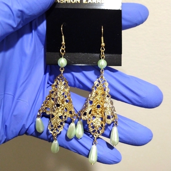 Women's Gold-tone Filigree Design 3.5" Long Beaded Drop Dangle Earrings, #4 - Picture 1 of 5
